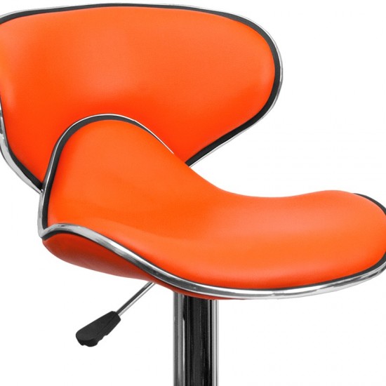 Contemporary Cozy Mid-Back Orange Vinyl Adjustable Height Barstool with Chrome Base