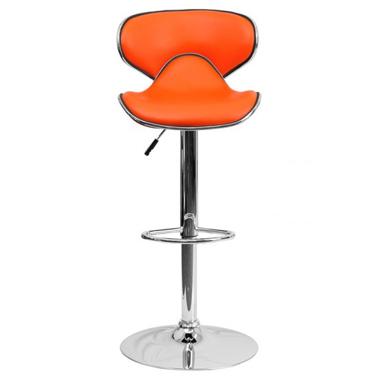 Contemporary Cozy Mid-Back Orange Vinyl Adjustable Height Barstool with Chrome Base