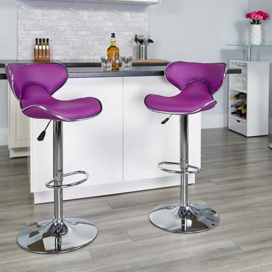 Contemporary Cozy Mid-Back Purple Vinyl Adjustable Height Barstool with Chrome Base