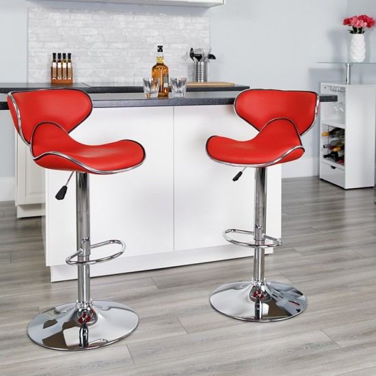 Contemporary Cozy Mid-Back Red Vinyl Adjustable Height Barstool with Chrome Base