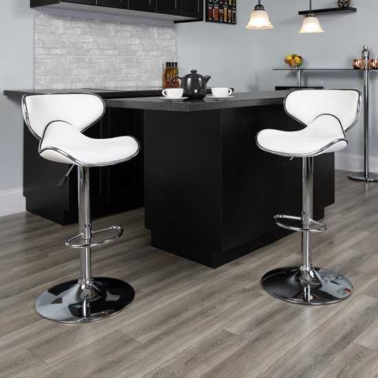 Contemporary Cozy Mid-Back White Vinyl Adjustable Height Barstool with Chrome Base