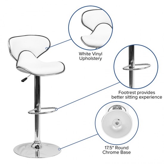 Contemporary Cozy Mid-Back White Vinyl Adjustable Height Barstool with Chrome Base