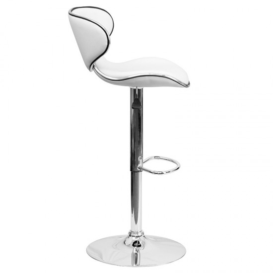 Contemporary Cozy Mid-Back White Vinyl Adjustable Height Barstool with Chrome Base