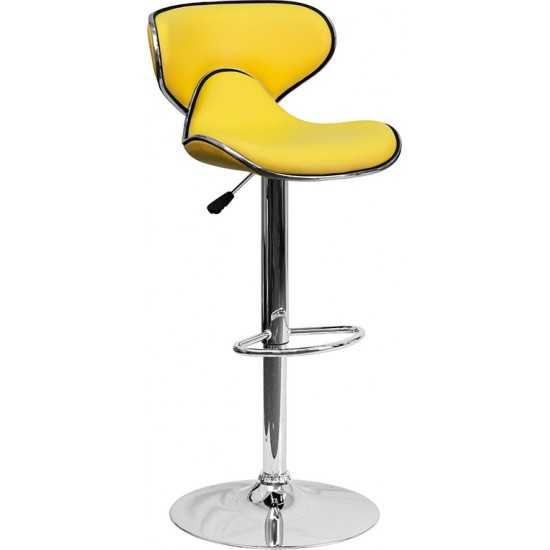 Contemporary Cozy Mid-Back Yellow Vinyl Adjustable Height Barstool with Chrome Base