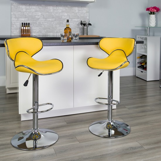 Contemporary Cozy Mid-Back Yellow Vinyl Adjustable Height Barstool with Chrome Base