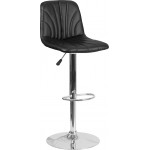 Contemporary Black Vinyl Adjustable Height Barstool with Embellished Stitch Design and Chrome Base