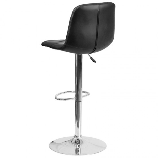 Contemporary Black Vinyl Adjustable Height Barstool with Embellished Stitch Design and Chrome Base