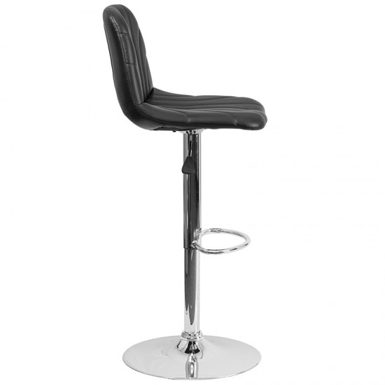 Contemporary Black Vinyl Adjustable Height Barstool with Embellished Stitch Design and Chrome Base