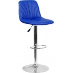 Contemporary Blue Vinyl Adjustable Height Barstool with Embellished Stitch Design and Chrome Base