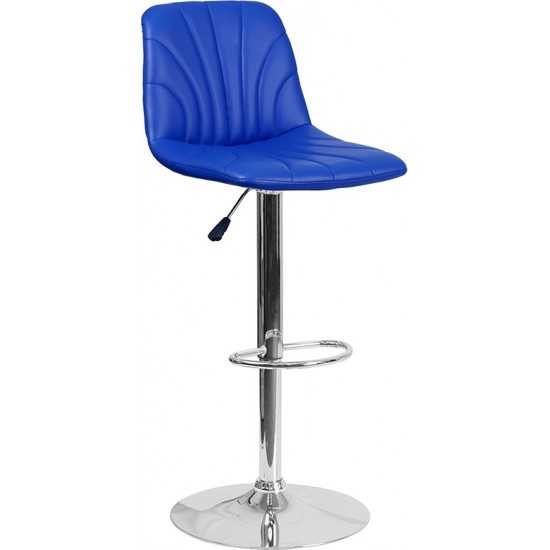 Contemporary Blue Vinyl Adjustable Height Barstool with Embellished Stitch Design and Chrome Base