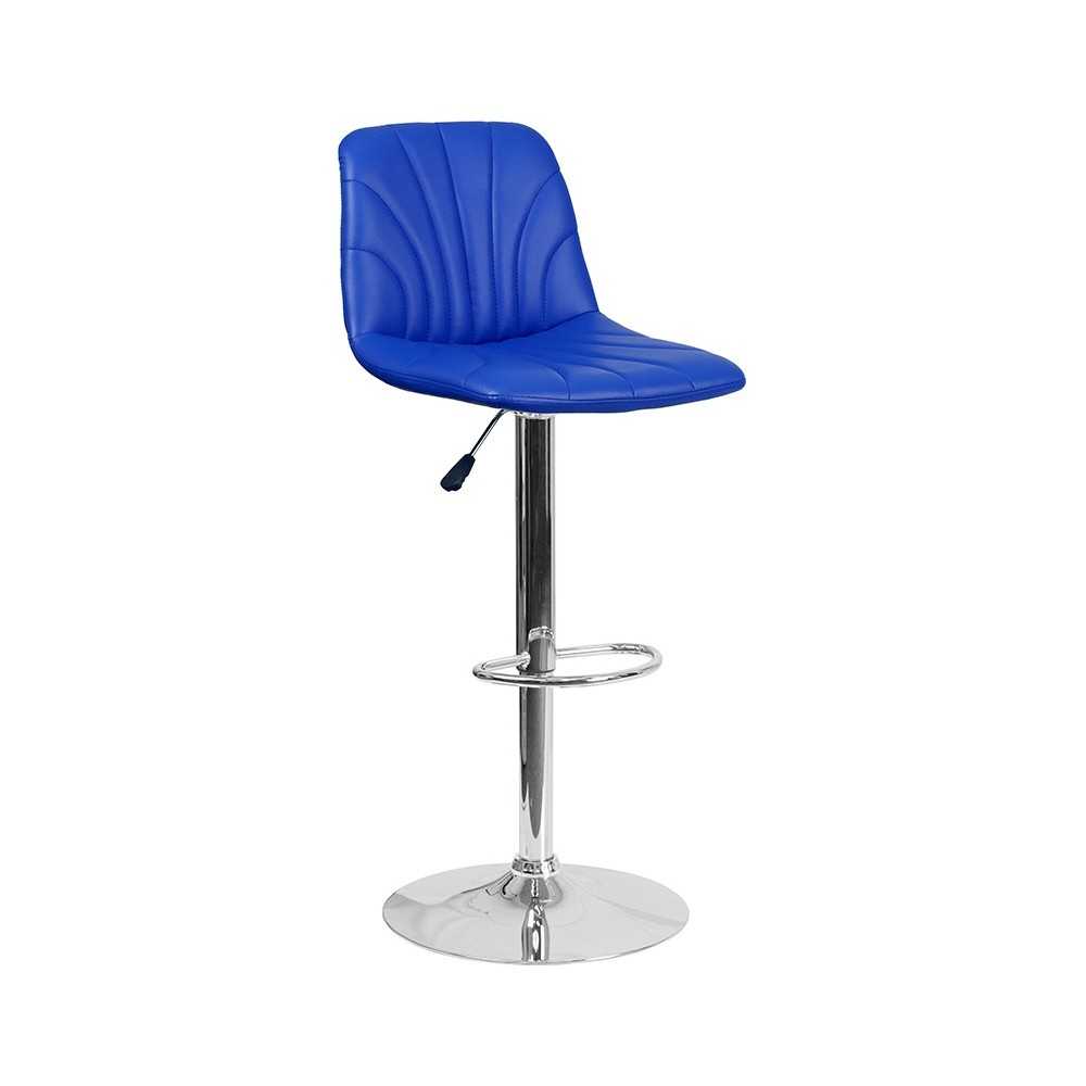 Contemporary Blue Vinyl Adjustable Height Barstool with Embellished Stitch Design and Chrome Base Contemporary Blue Vinyl Adjustable Height Barstool with Embellished Stitch Design and Chrome Base