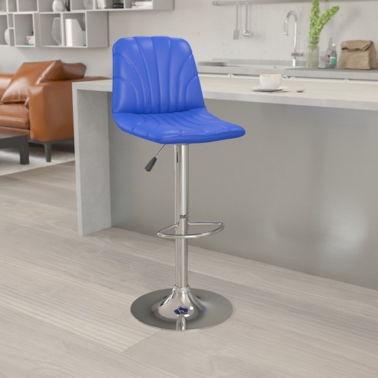 Contemporary Blue Vinyl Adjustable Height Barstool with Embellished Stitch Design and Chrome Base