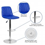 Contemporary Blue Vinyl Adjustable Height Barstool with Embellished Stitch Design and Chrome Base
