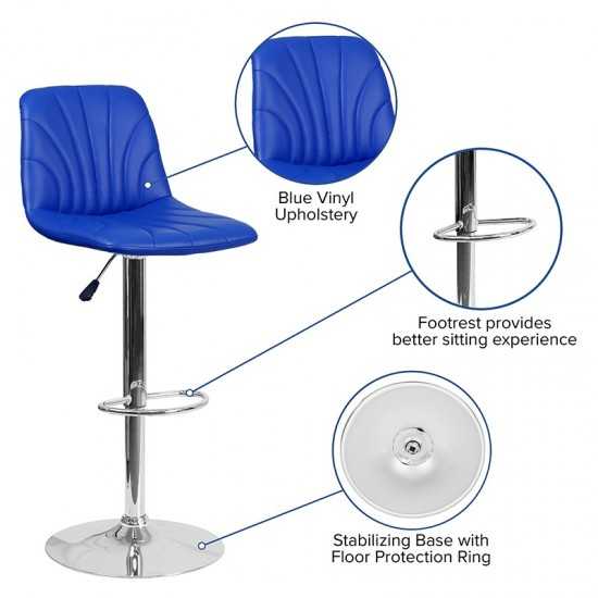 Contemporary Blue Vinyl Adjustable Height Barstool with Embellished Stitch Design and Chrome Base