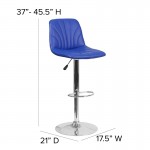 Contemporary Blue Vinyl Adjustable Height Barstool with Embellished Stitch Design and Chrome Base