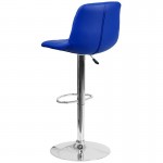 Contemporary Blue Vinyl Adjustable Height Barstool with Embellished Stitch Design and Chrome Base