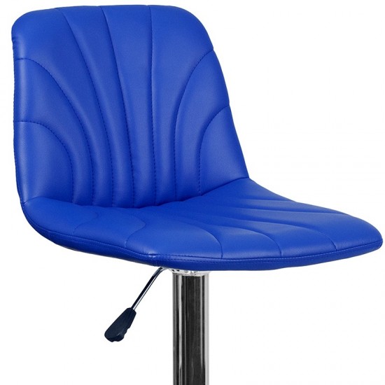 Contemporary Blue Vinyl Adjustable Height Barstool with Embellished Stitch Design and Chrome Base