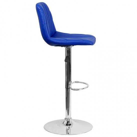 Contemporary Blue Vinyl Adjustable Height Barstool with Embellished Stitch Design and Chrome Base
