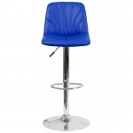Contemporary Blue Vinyl Adjustable Height Barstool with Embellished Stitch Design and Chrome Base