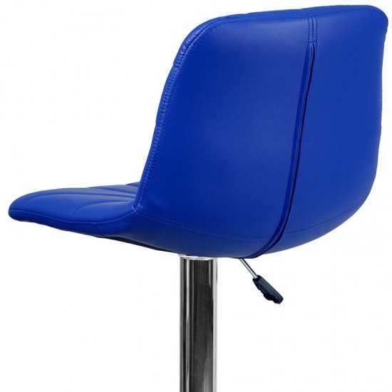 Contemporary Blue Vinyl Adjustable Height Barstool with Embellished Stitch Design and Chrome Base