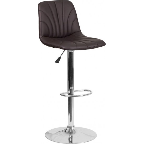 Contemporary Brown Vinyl Adjustable Height Barstool with Embellished Stitch Design and Chrome Base