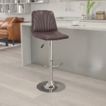 Contemporary Brown Vinyl Adjustable Height Barstool with Embellished Stitch Design and Chrome Base