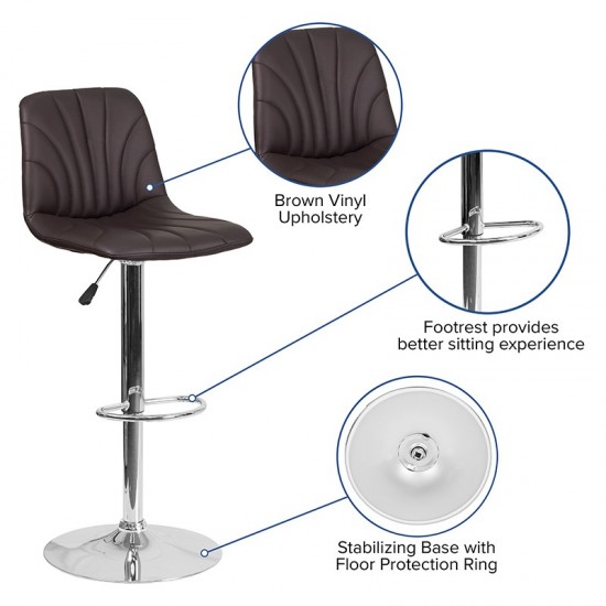 Contemporary Brown Vinyl Adjustable Height Barstool with Embellished Stitch Design and Chrome Base