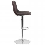 Contemporary Brown Vinyl Adjustable Height Barstool with Embellished Stitch Design and Chrome Base