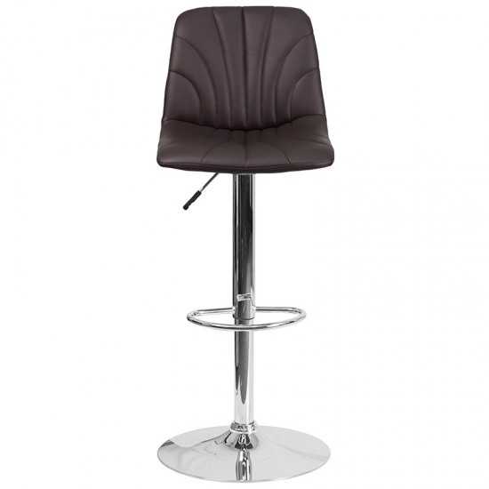 Contemporary Brown Vinyl Adjustable Height Barstool with Embellished Stitch Design and Chrome Base