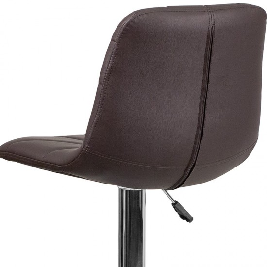 Contemporary Brown Vinyl Adjustable Height Barstool with Embellished Stitch Design and Chrome Base