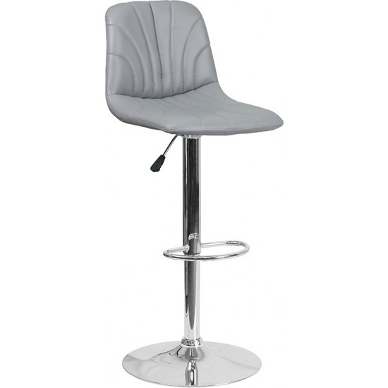 Contemporary Gray Vinyl Adjustable Height Barstool with Embellished Stitch Design and Chrome Base