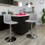 Contemporary Gray Vinyl Adjustable Height Barstool with Embellished Stitch Design and Chrome Base