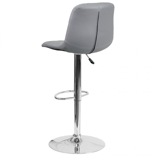 Contemporary Gray Vinyl Adjustable Height Barstool with Embellished Stitch Design and Chrome Base