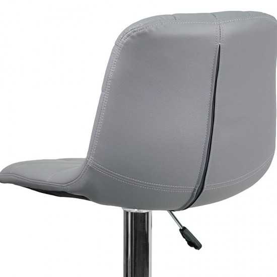 Contemporary Gray Vinyl Adjustable Height Barstool with Embellished Stitch Design and Chrome Base