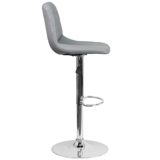 Contemporary Gray Vinyl Adjustable Height Barstool with Embellished Stitch Design and Chrome Base