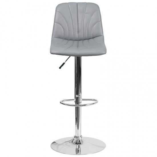 Contemporary Gray Vinyl Adjustable Height Barstool with Embellished Stitch Design and Chrome Base