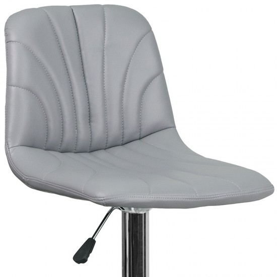 Contemporary Gray Vinyl Adjustable Height Barstool with Embellished Stitch Design and Chrome Base