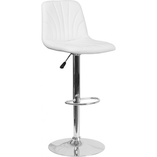 Contemporary White Vinyl Adjustable Height Barstool with Embellished Stitch Design and Chrome Base