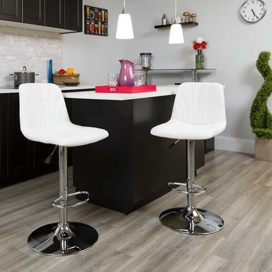 Contemporary White Vinyl Adjustable Height Barstool with Embellished Stitch Design and Chrome Base