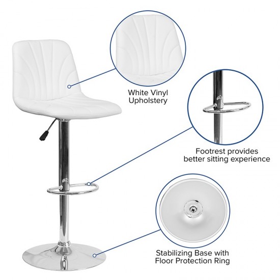 Contemporary White Vinyl Adjustable Height Barstool with Embellished Stitch Design and Chrome Base