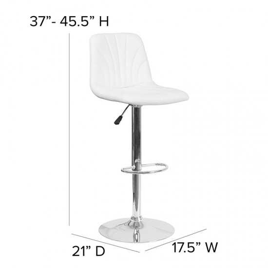 Contemporary White Vinyl Adjustable Height Barstool with Embellished Stitch Design and Chrome Base