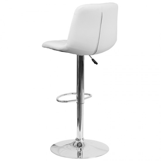 Contemporary White Vinyl Adjustable Height Barstool with Embellished Stitch Design and Chrome Base