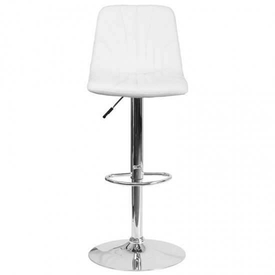 Contemporary White Vinyl Adjustable Height Barstool with Embellished Stitch Design and Chrome Base