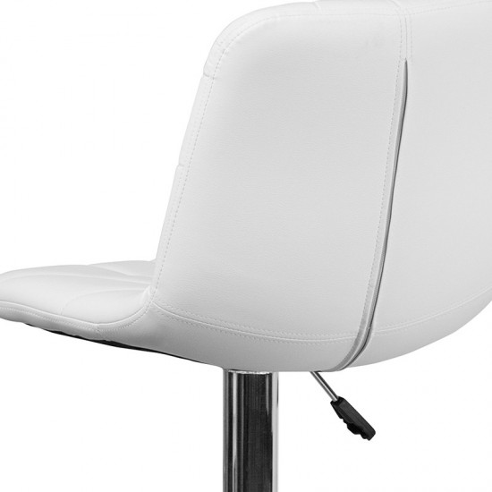 Contemporary White Vinyl Adjustable Height Barstool with Embellished Stitch Design and Chrome Base