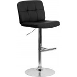Contemporary Black Vinyl Adjustable Height Barstool with Square Tufted Back and Chrome Base