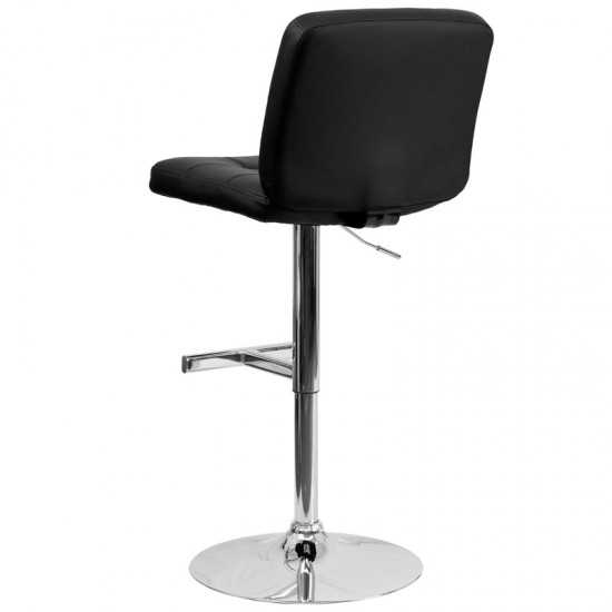 Contemporary Black Vinyl Adjustable Height Barstool with Square Tufted Back and Chrome Base