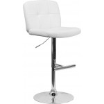 Contemporary White Vinyl Adjustable Height Barstool with Square Tufted Back and Chrome Base