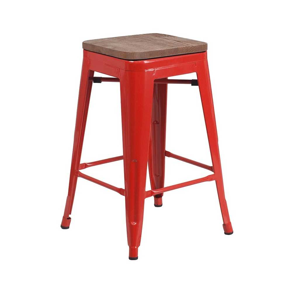 24" High Backless Red Metal Counter Height Stool with Square Wood Seat