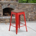 24" High Backless Red Metal Counter Height Stool with Square Wood Seat