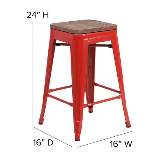 24" High Backless Red Metal Counter Height Stool with Square Wood Seat